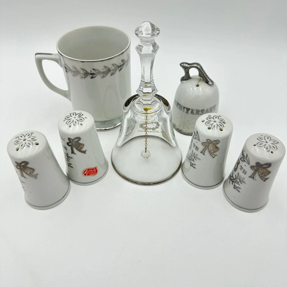 Lefton E&R France 25th Anniversary Porcelain Silver Cup Shakers Crystal Bell